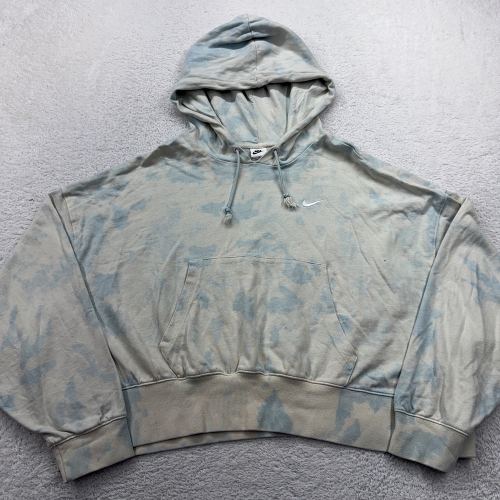 Nike Womens Tie Dye Cropped Hoodie Blue Cream Oversized Pullover Large L
